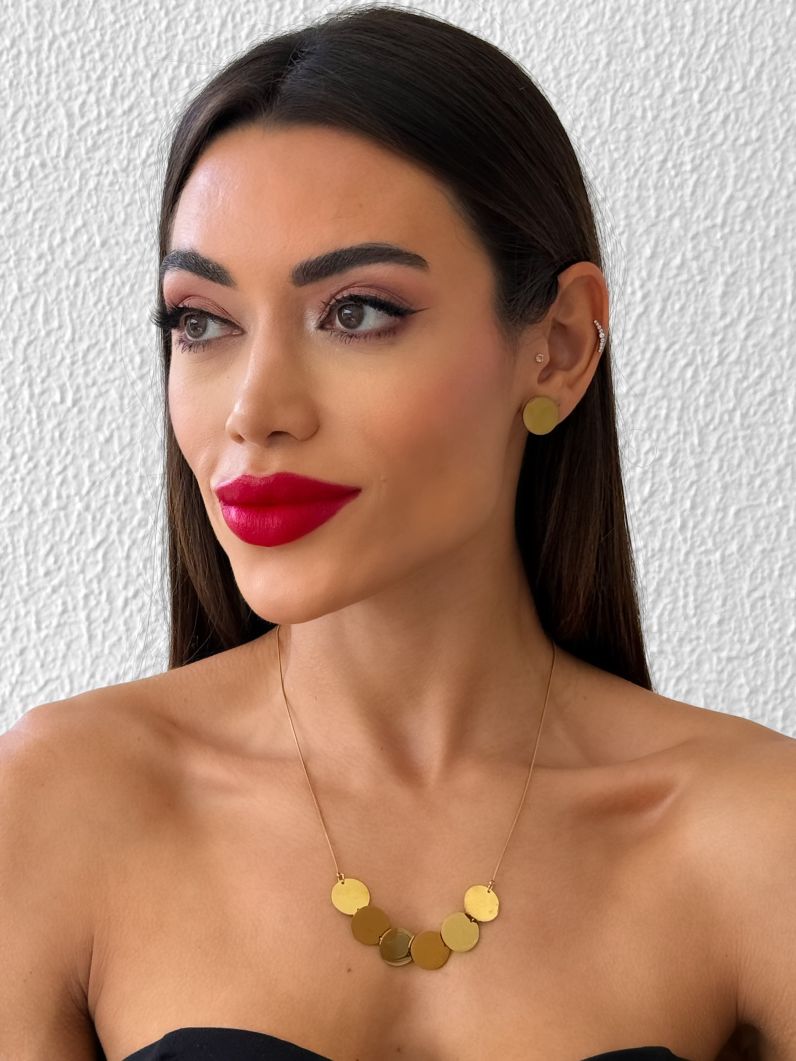 Conjunto Aço Inoxidavel Colar e Brinco Folheado a Ouro 18k e Prata Circulos