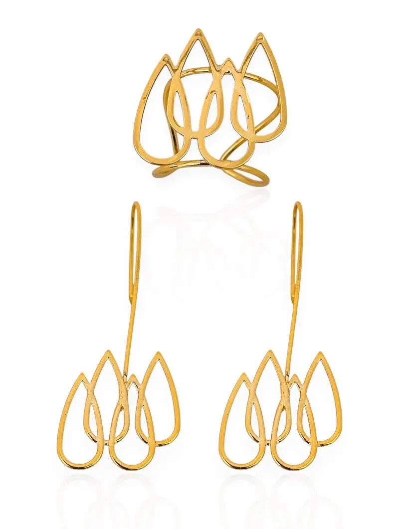 Conjunto Anel e Brinco Folheado a Ouro 18k Gotas Vazadas