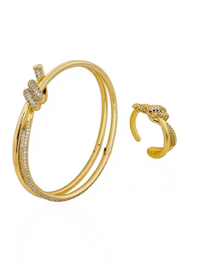 Conjunto Bracelete e Anel Folheado a Ouro 18k Design Laço Cravejado