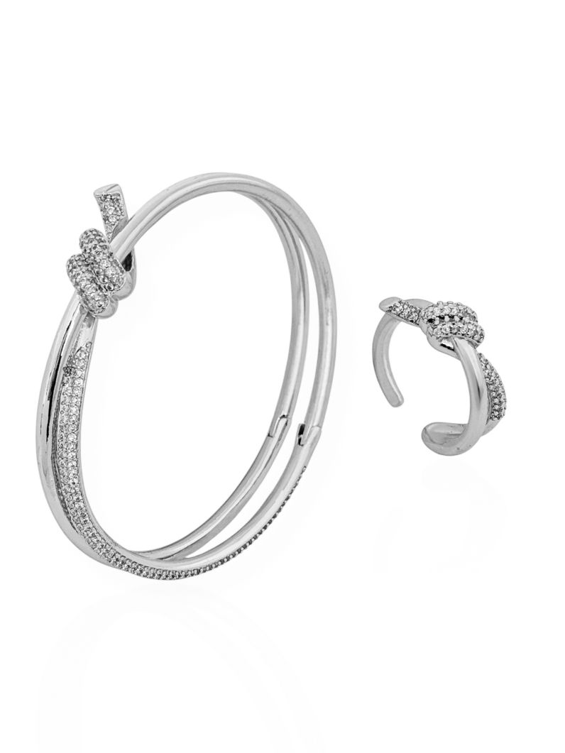 Conjunto Bracelete e Anel Folheado a Ouro 18k Design Laço Cravejado