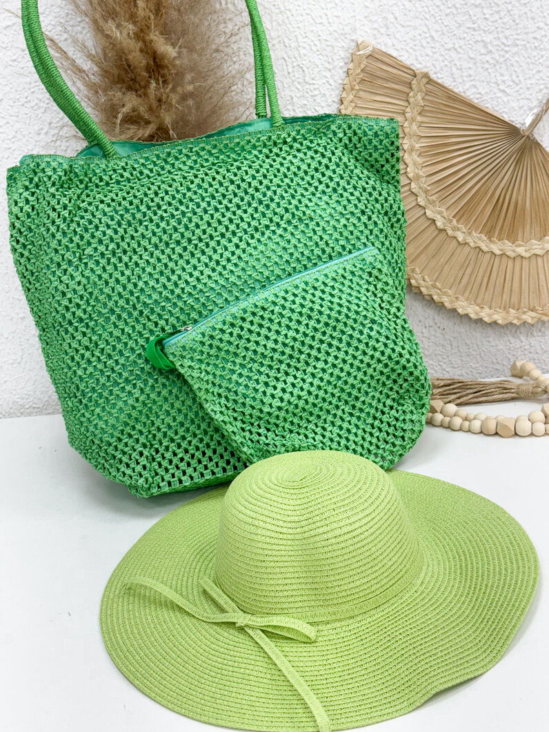 Conjunto Chapéu e Bolsa Palha- Verde Escuro