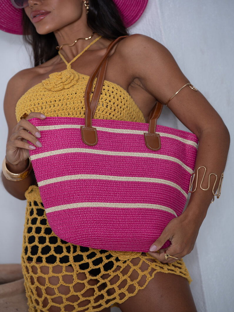 Conjunto Chapéu e Bolsa Palha Crochê- Rosa Pink