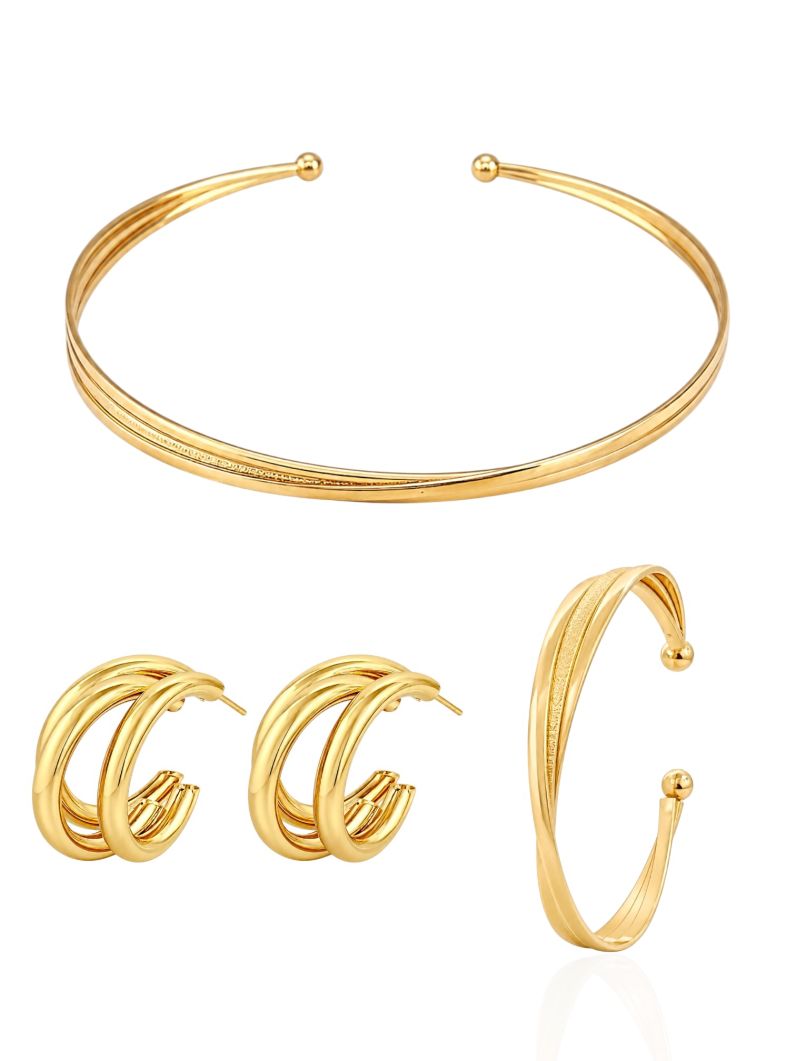 Conjunto Choker Aro, Brinco e Bracelete Folheado a Ouro 18k e Prata 3 Fios
