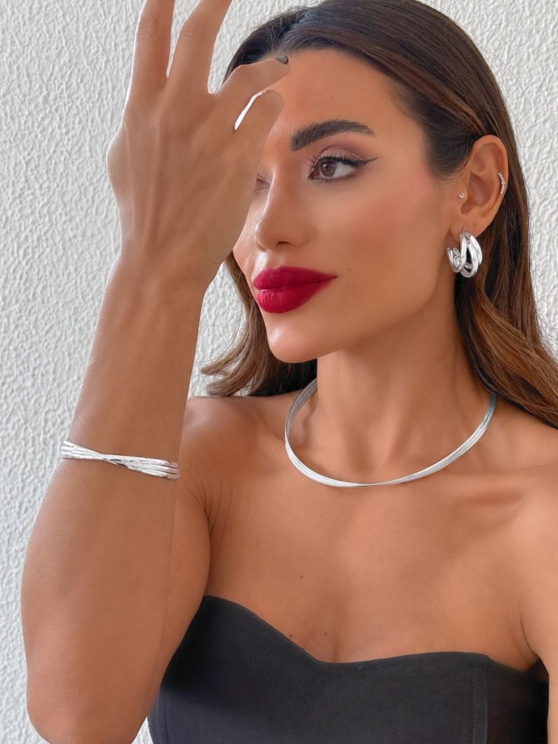 Conjunto Choker Aro, Brinco e Bracelete Folheado a Ouro 18k e Prata 3 Fios