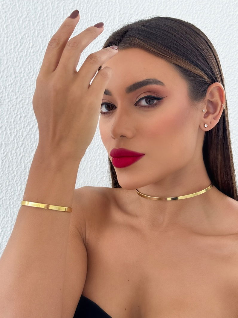 Conjunto Choker Aro e Bracelete Folheado a Ouro 18k e Prata Aro Liso