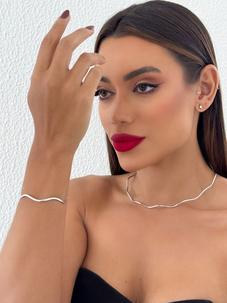 Conjunto Choker Aro e Bracelete Folheado a Ouro 18k e Prata Ondulado