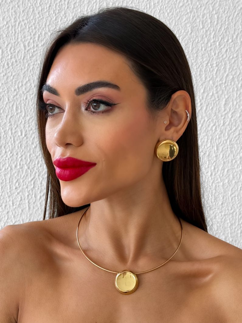 Conjunto Choker Aro e Brinco Aço Inoxidável Folheado a Ouro 18k e Prata Design Circulo