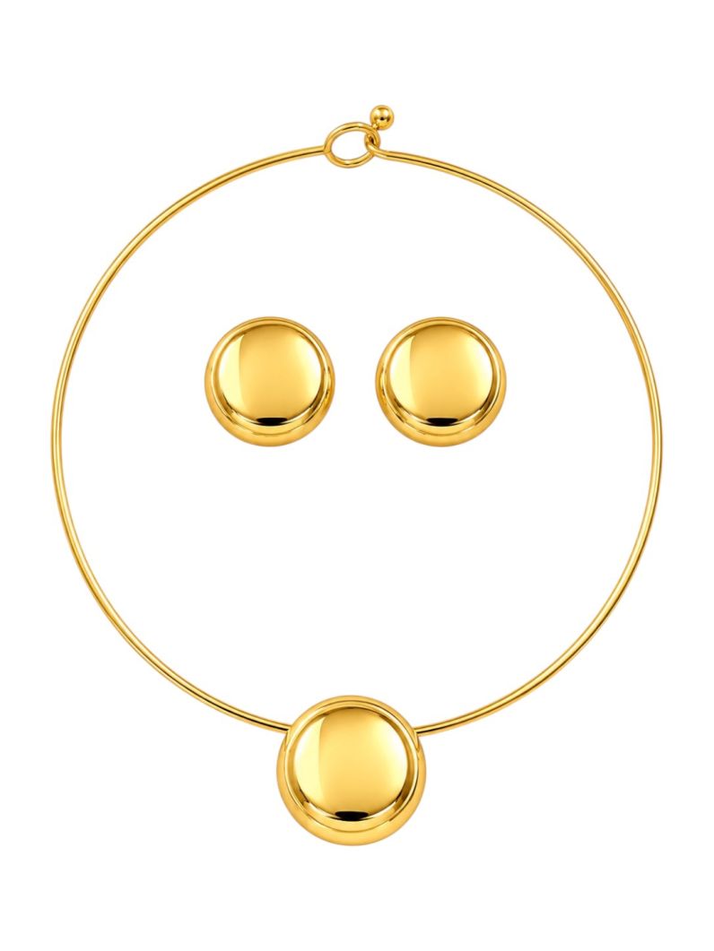 Conjunto Choker Aro e Brinco Aço Inoxidável Folheado a Ouro 18k e Prata Design Circulo