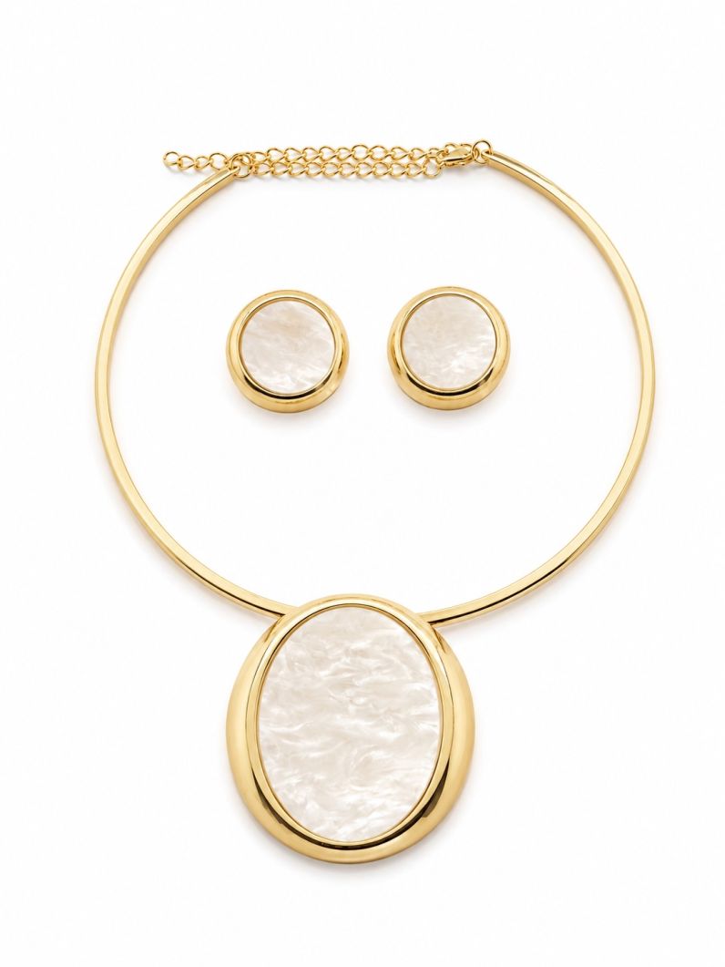 Conjunto Choker Aro e Brinco Folheado a Ouro 18K Circulo Resinado Curvo