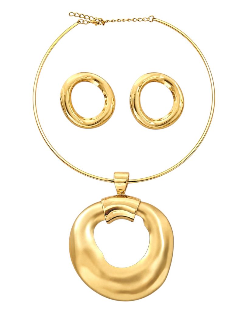 Conjunto Choker Aro e Brinco Folheado a Ouro 18k Circulo Vazado Organico