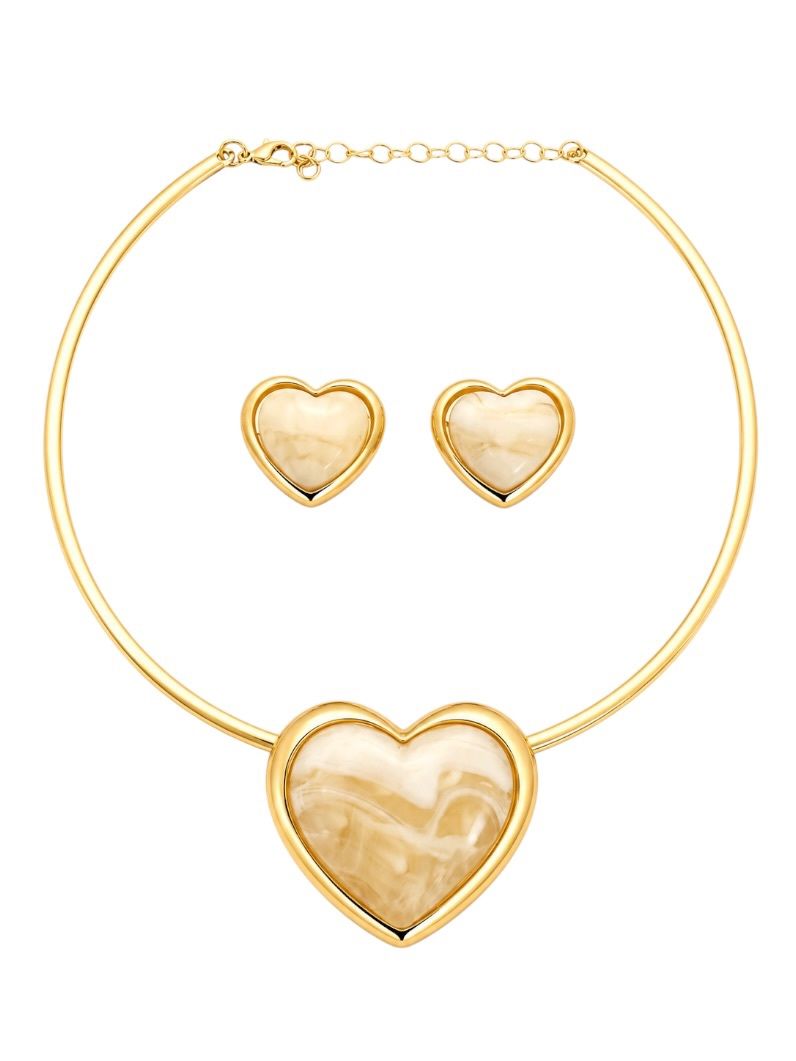 Conjunto Choker Aro e Brinco Folheado a Ouro 18k Coração Maxi Resinado