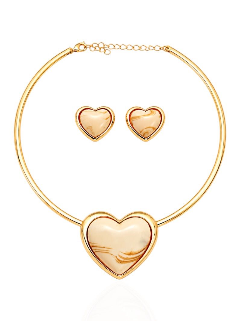 Conjunto Choker Aro e Brinco Folheado a Ouro 18k Coração Maxi Resinado