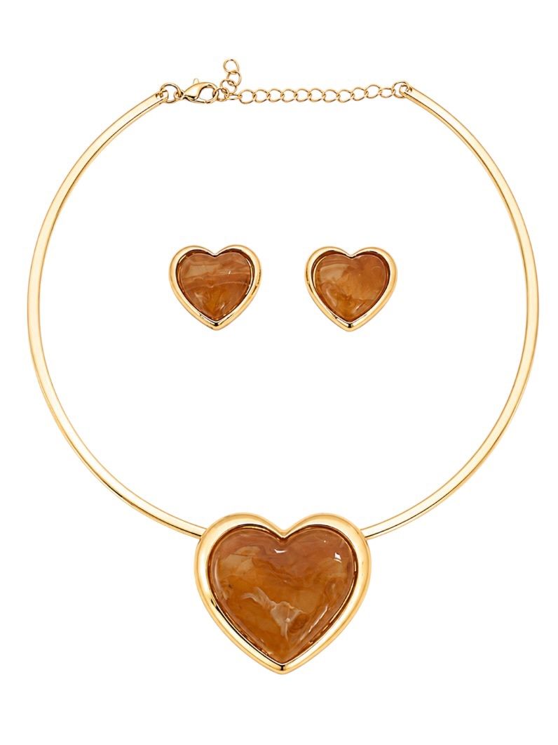 Conjunto Choker Aro e Brinco Folheado a Ouro 18k Coração Maxi Resinado