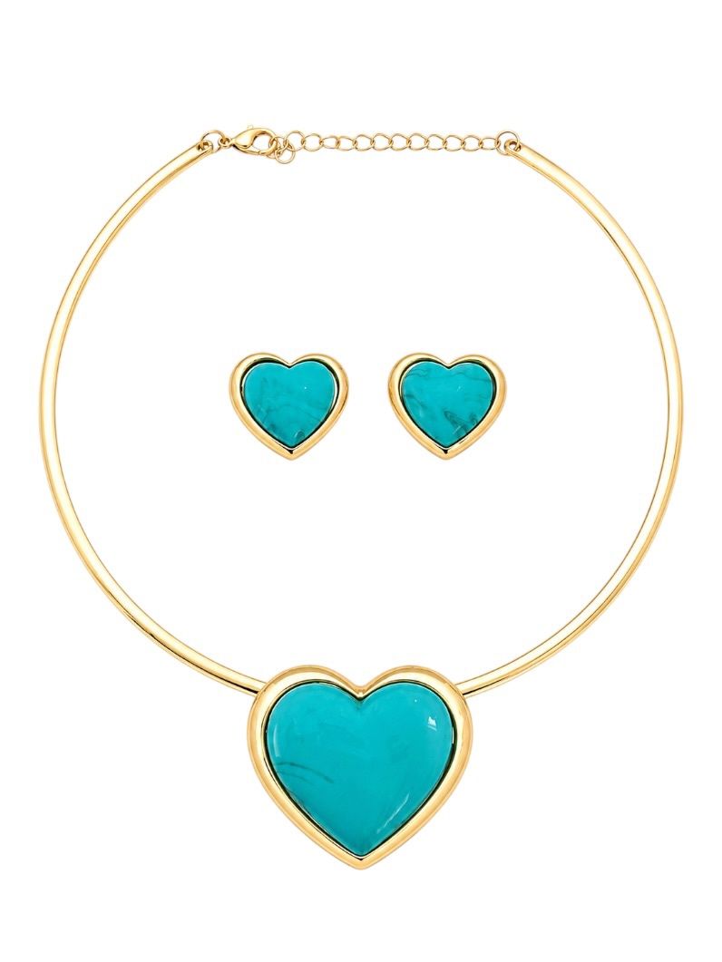 Conjunto Choker Aro e Brinco Folheado a Ouro 18k Coração Maxi Resinado