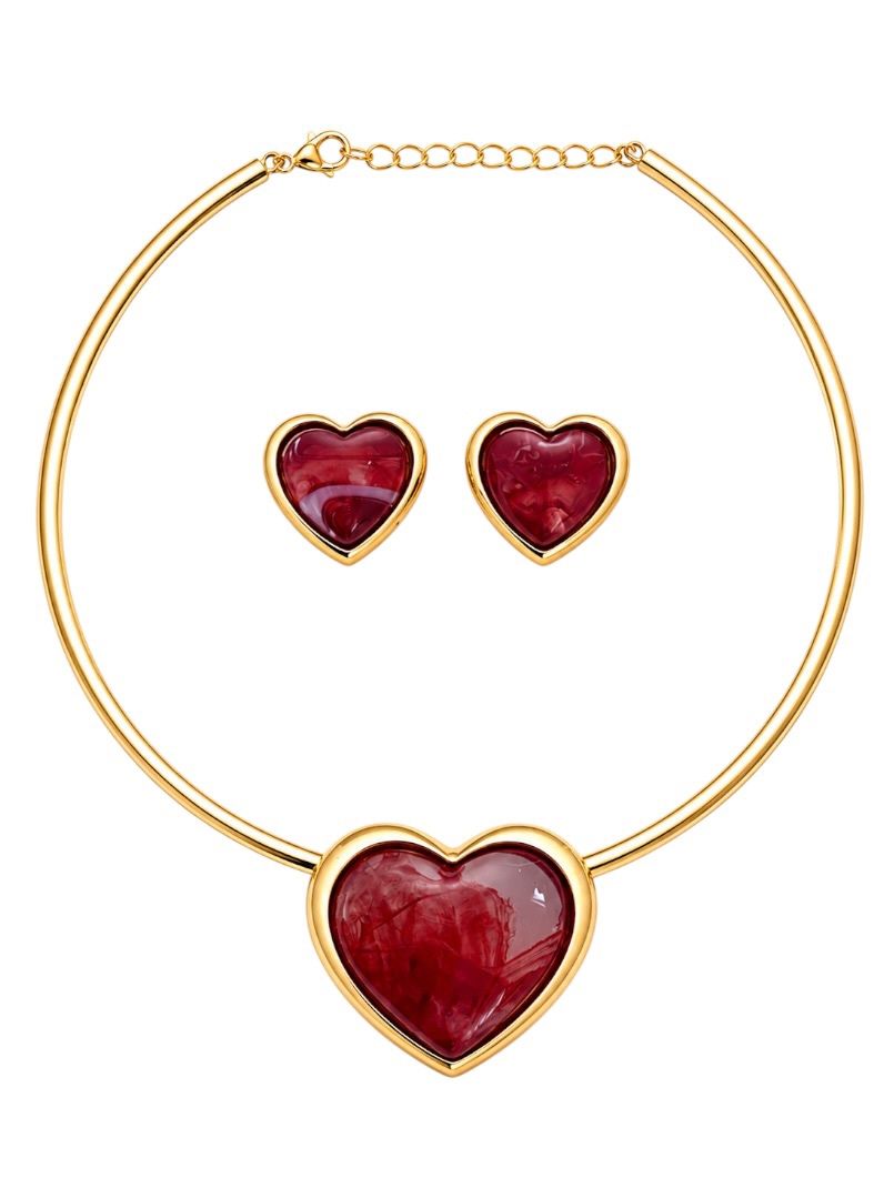 Conjunto Choker Aro e Brinco Folheado a Ouro 18k Coração Maxi Resinado