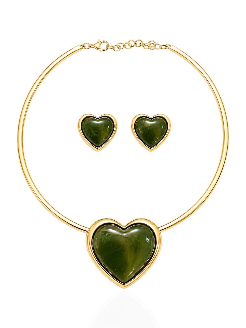 Conjunto Choker Aro e Brinco Folheado a Ouro 18k Coração Maxi Resinado