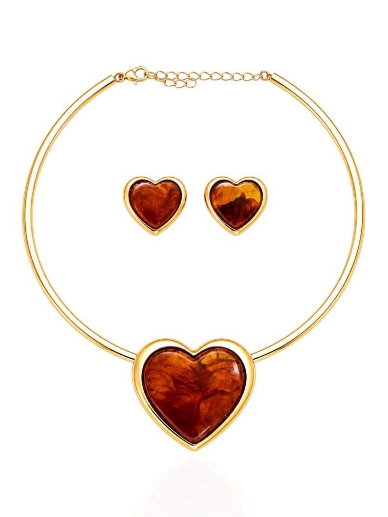 Conjunto Choker Aro e Brinco Folheado a Ouro 18k Coração Maxi Resinado