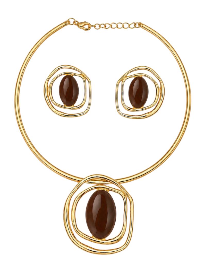 Conjunto Choker Aro e Brinco Folheado a Ouro 18k Design Organico Resinado