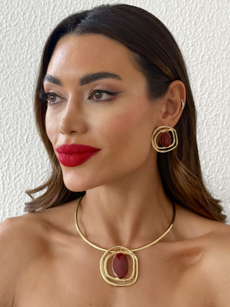 Conjunto Choker Aro e Brinco Folheado a Ouro 18k Design Organico Resinado