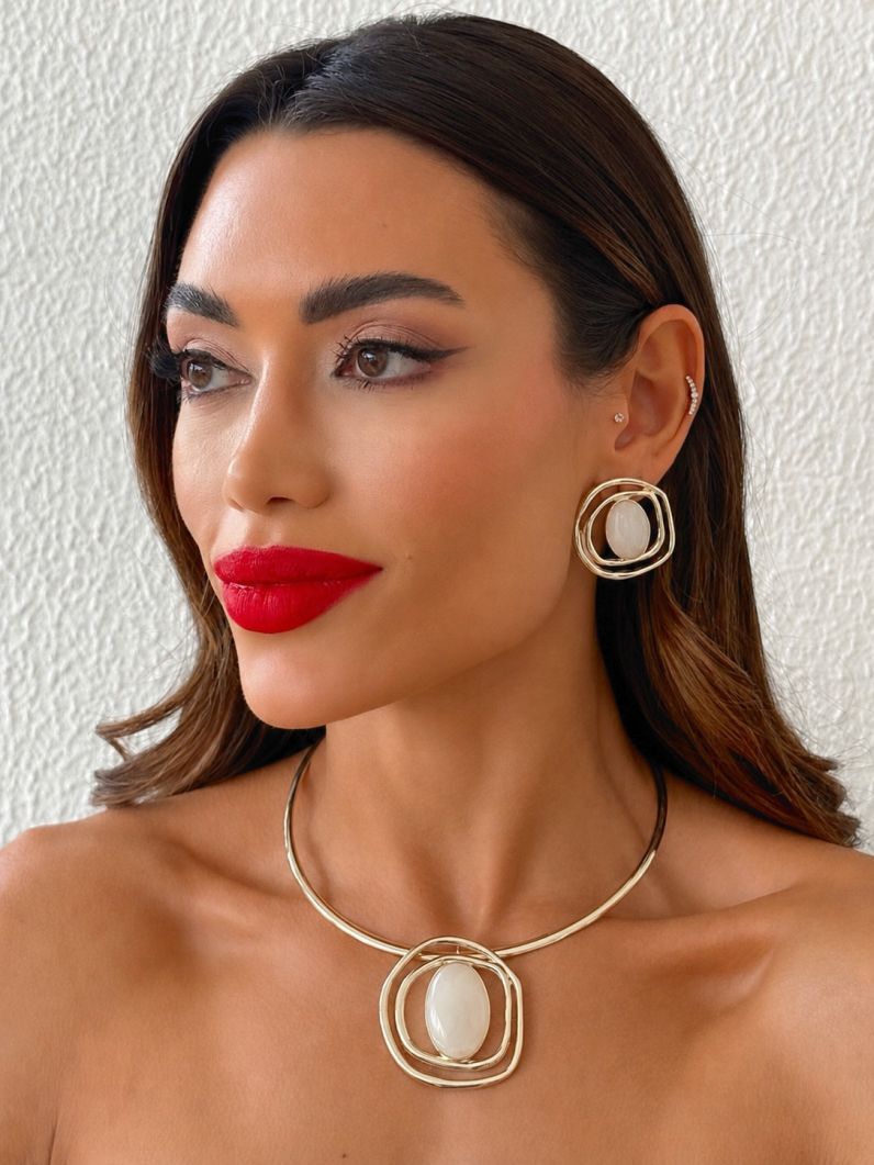 Conjunto Choker Aro e Brinco Folheado a Ouro 18k Design Organico Resinado