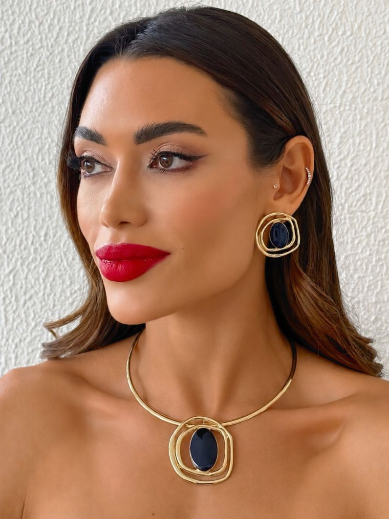 Conjunto Choker Aro e Brinco Folheado a Ouro 18k Design Organico Resinado