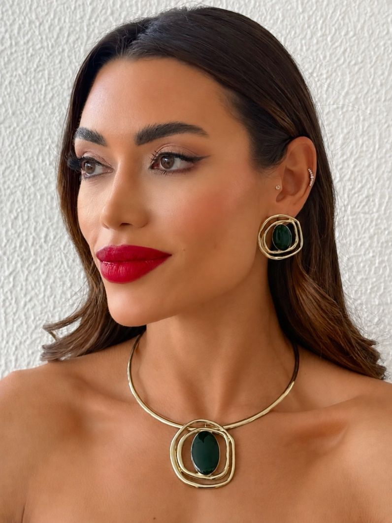 Conjunto Choker Aro e Brinco Folheado a Ouro 18k Design Organico Resinado
