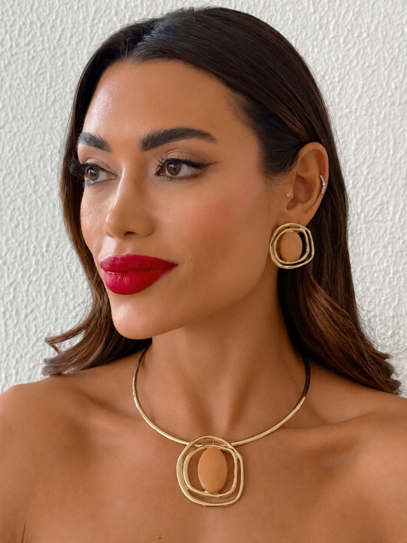 Conjunto Choker Aro e Brinco Folheado a Ouro 18k Design Organico Resinado