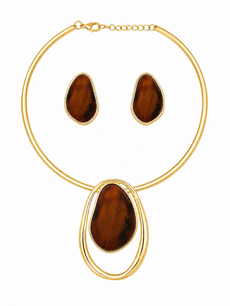 Conjunto Choker Aro e Brinco Folheado a Ouro 18k Design Resinado e Vazado