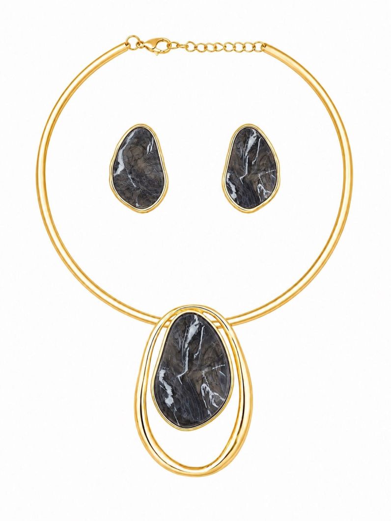 Conjunto Choker Aro e Brinco Folheado a Ouro 18k Design Resinado e Vazado