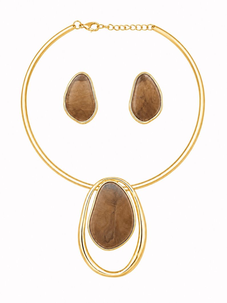 Conjunto Choker Aro e Brinco Folheado a Ouro 18k Design Resinado e Vazado