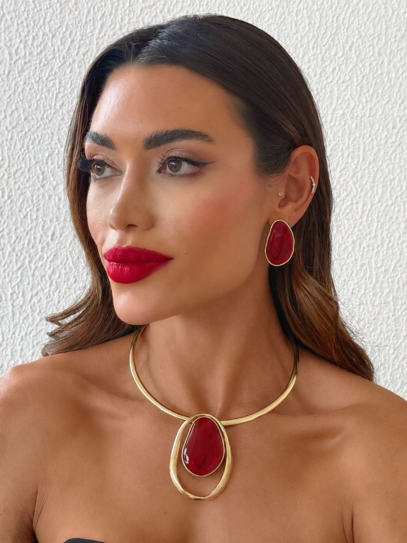 Conjunto Choker Aro e Brinco Folheado a Ouro 18k Design Resinado e Vazado
