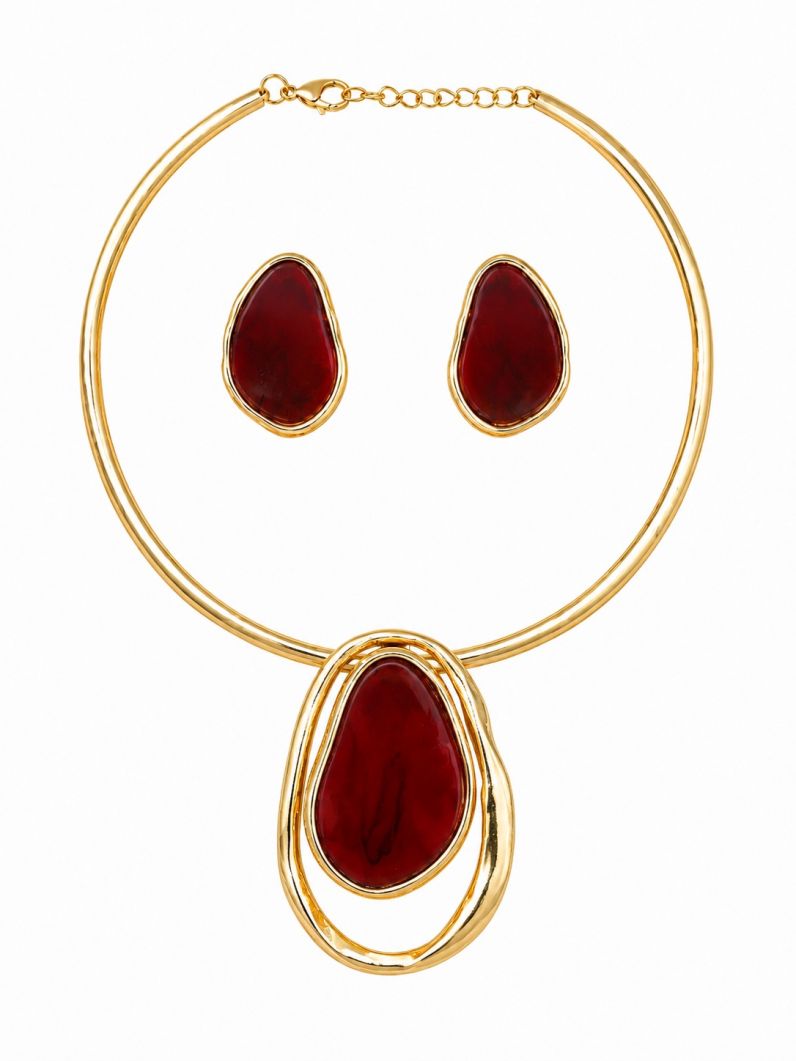 Conjunto Choker Aro e Brinco Folheado a Ouro 18k Design Resinado e Vazado