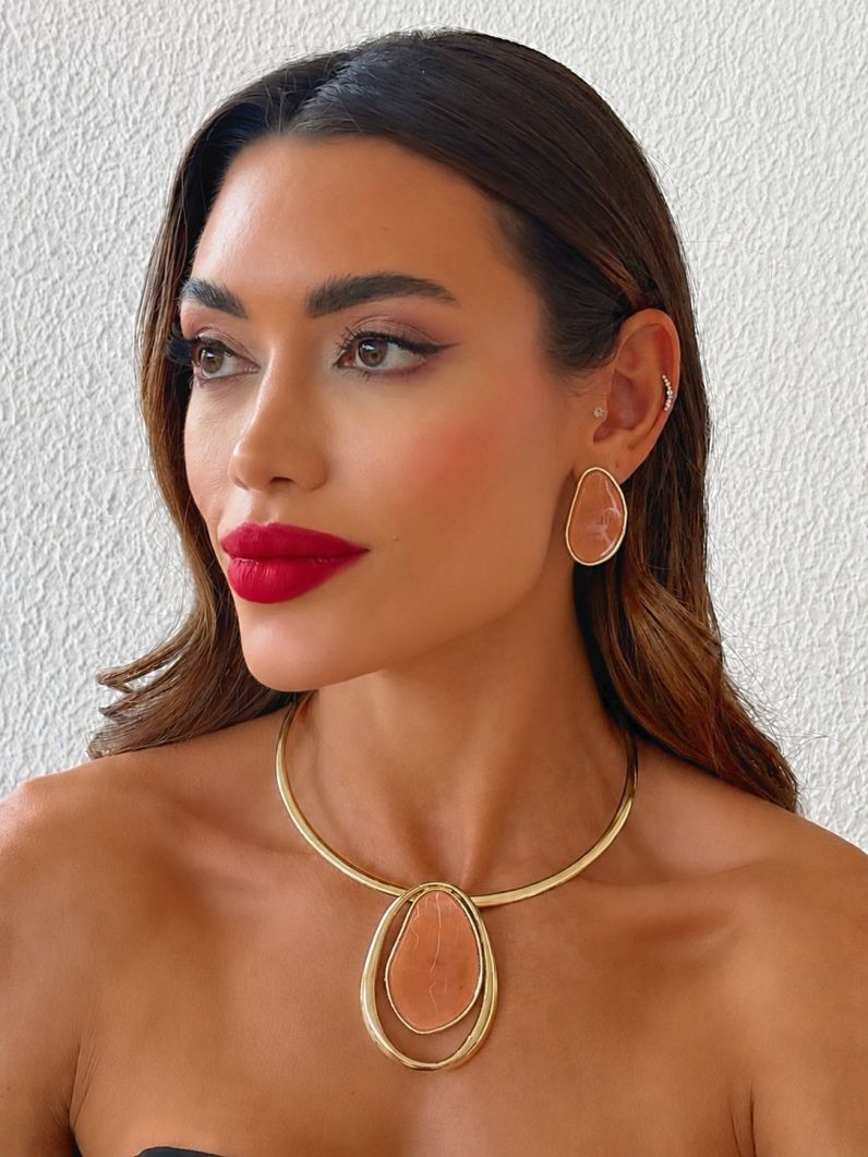 Conjunto Choker Aro e Brinco Folheado a Ouro 18k Design Resinado e Vazado