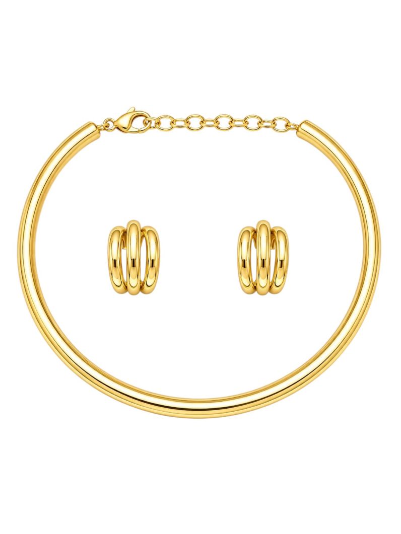 Conjunto Choker Aro e Brinco Folheado a Ouro 18k e Prata Aro Liso