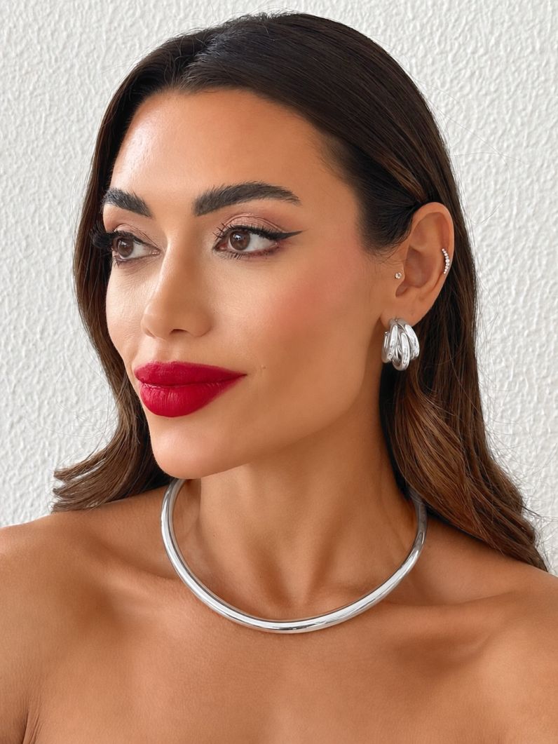Conjunto Choker Aro e Brinco Folheado a Ouro 18k e Prata Aro Liso
