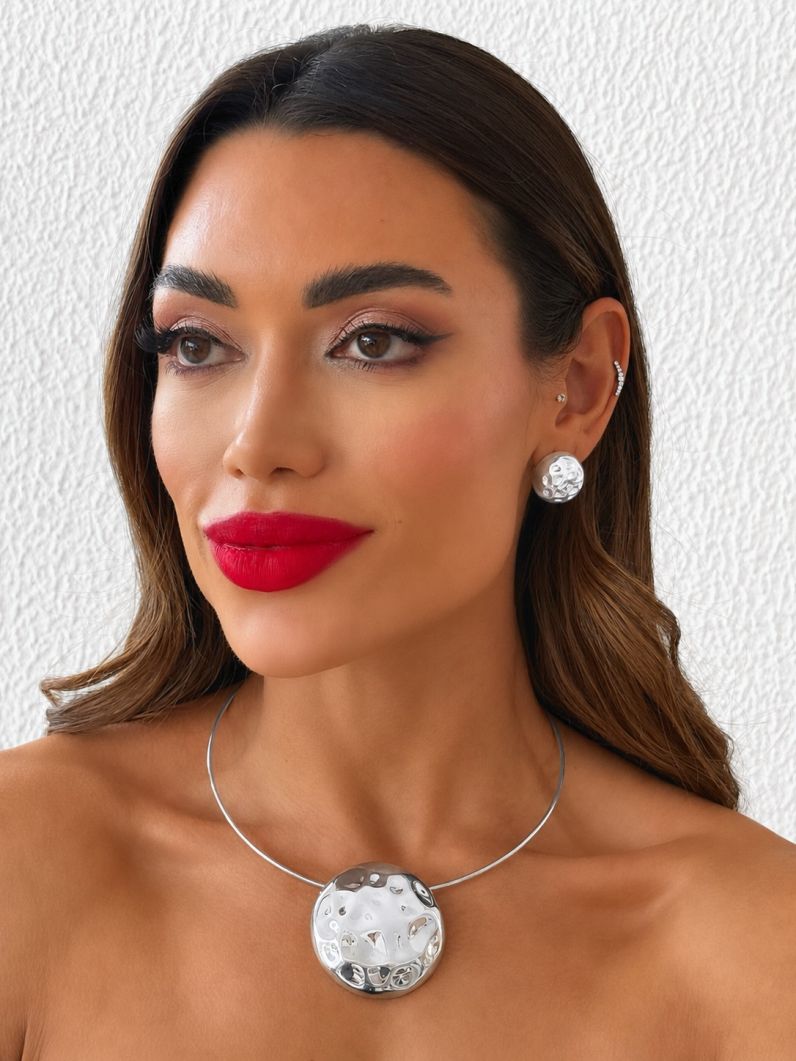 Conjunto Choker Aro e Brinco Folheado a Ouro 18k e Prata Botton Texturizado
