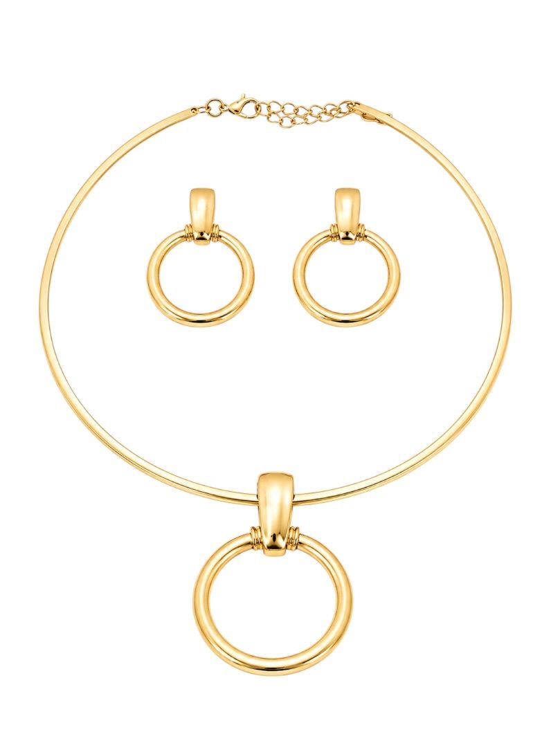 Conjunto Choker Aro e Brinco Folheado a Ouro 18k e Prata Círculo Vazado