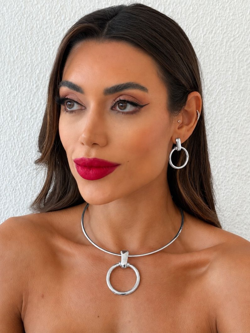 Conjunto Choker Aro e Brinco Folheado a Ouro 18k e Prata Círculo Vazado