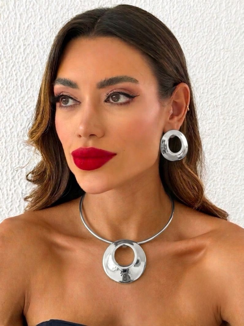Conjunto Choker Aro e Brinco Folheado a Ouro 18k e Prata Círculo Vazado Liso
