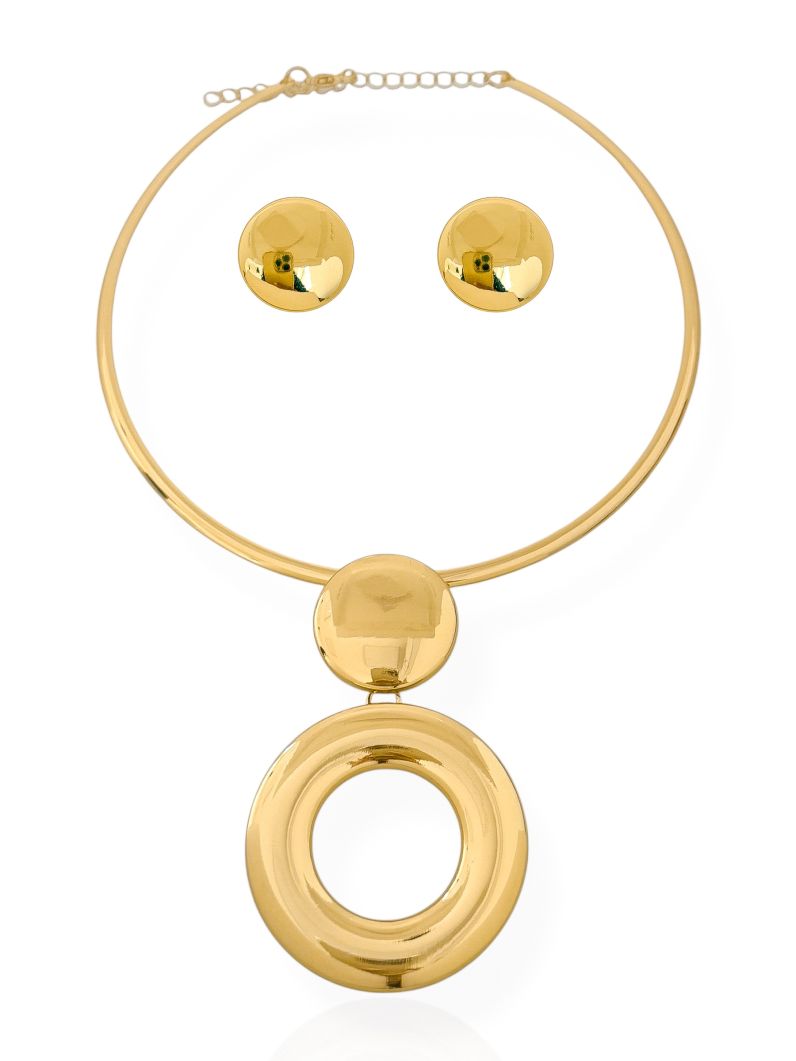 Conjunto Choker Aro e Brinco Folheado a Ouro 18k e Prata Circulos Lisos