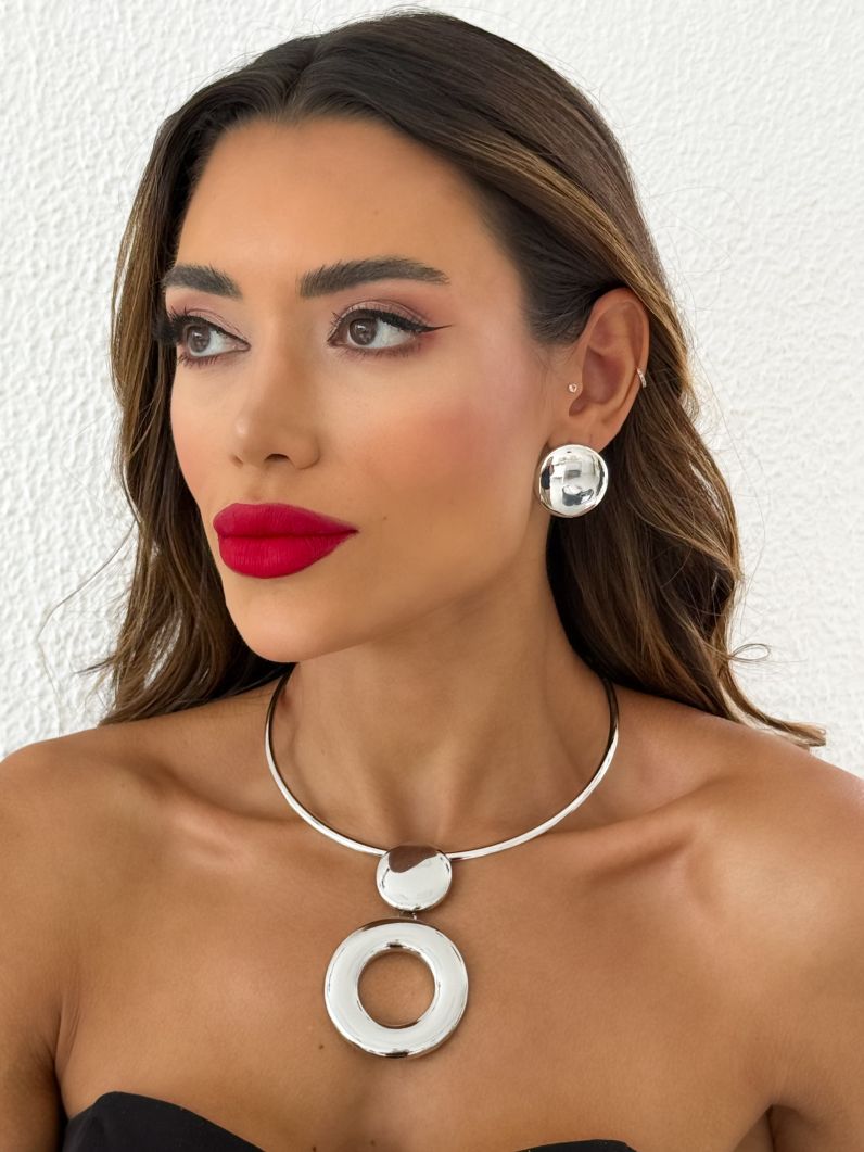 Conjunto Choker Aro e Brinco Folheado a Ouro 18k e Prata Circulos Lisos