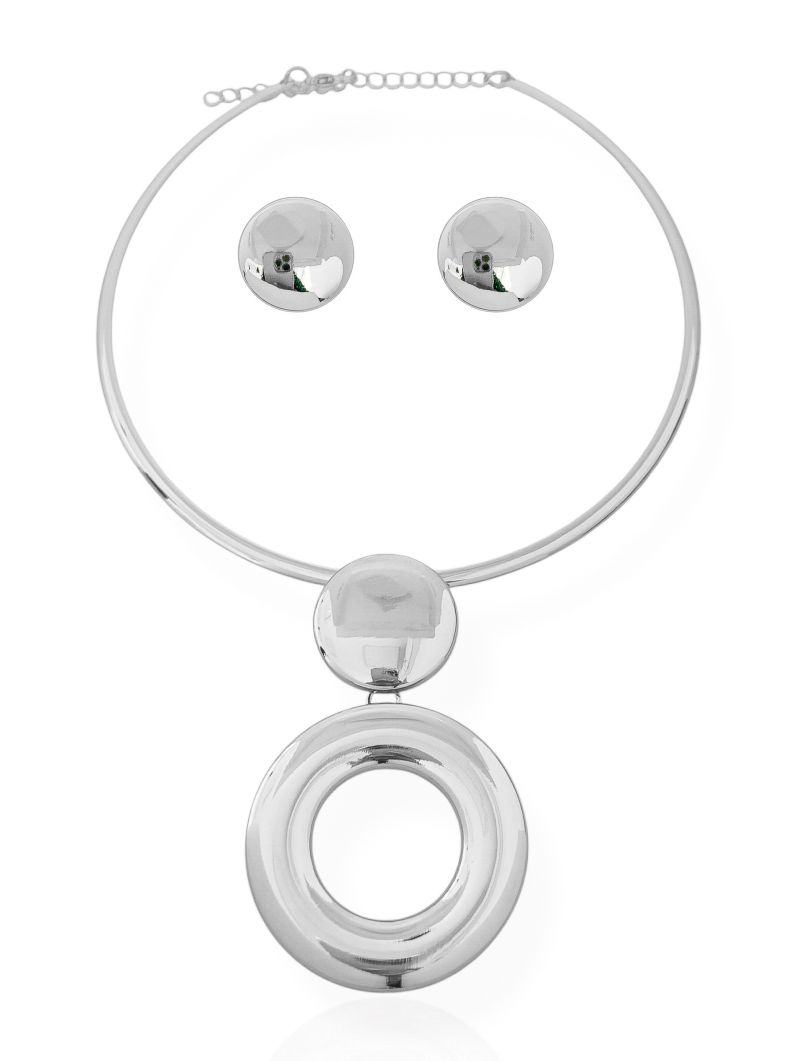 Conjunto Choker Aro e Brinco Folheado a Ouro 18k e Prata Circulos Lisos