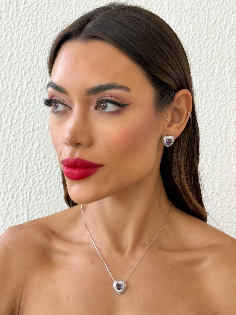 Conjunto Colar e Brinco Folheado a Ouro 18k e Prata Coração Cristal Cravejado