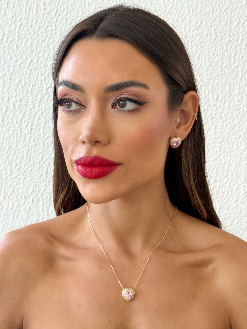 Conjunto Colar e Brinco Folheado a Ouro 18k e Prata Coração Cristal Cravejado