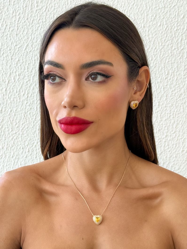 Conjunto Colar e Brinco Folheado a Ouro 18k e Prata Coração Cristal Cravejado