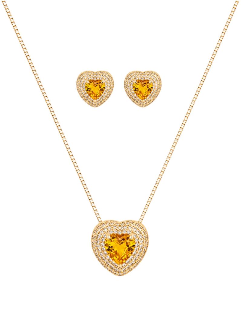 Conjunto Colar e Brinco Folheado a Ouro 18k e Prata Coração Cristal Cravejado