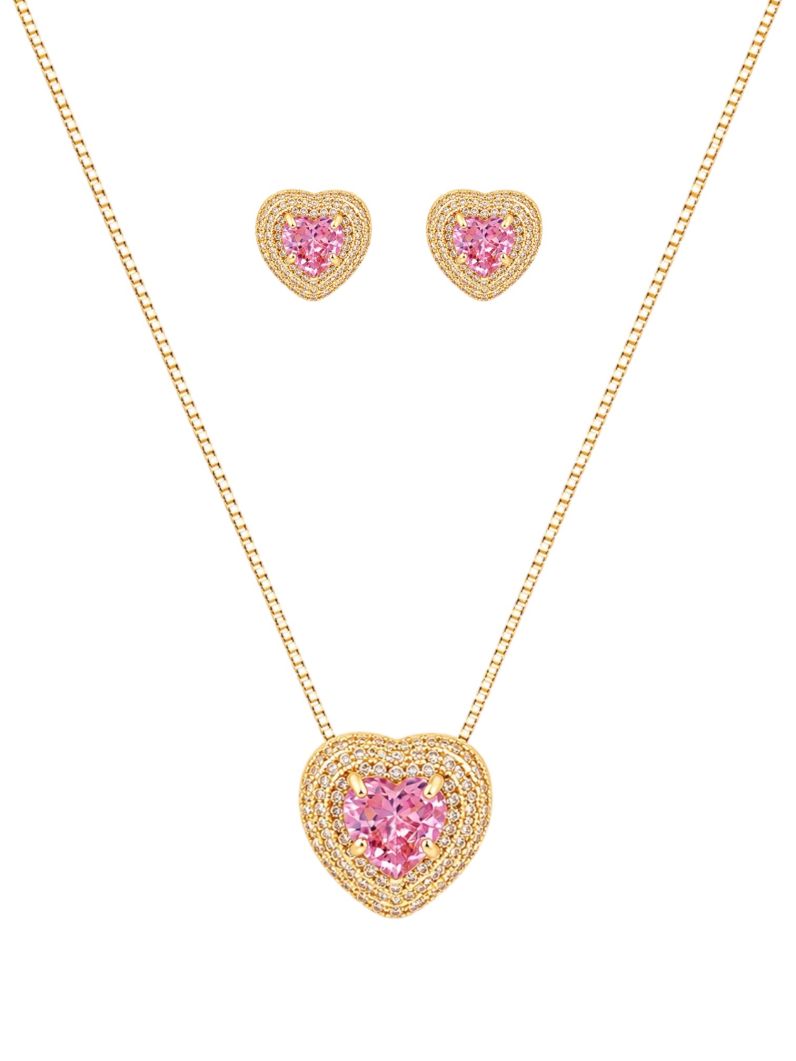 Conjunto Colar e Brinco Folheado a Ouro 18k e Prata Coração Cristal Cravejado