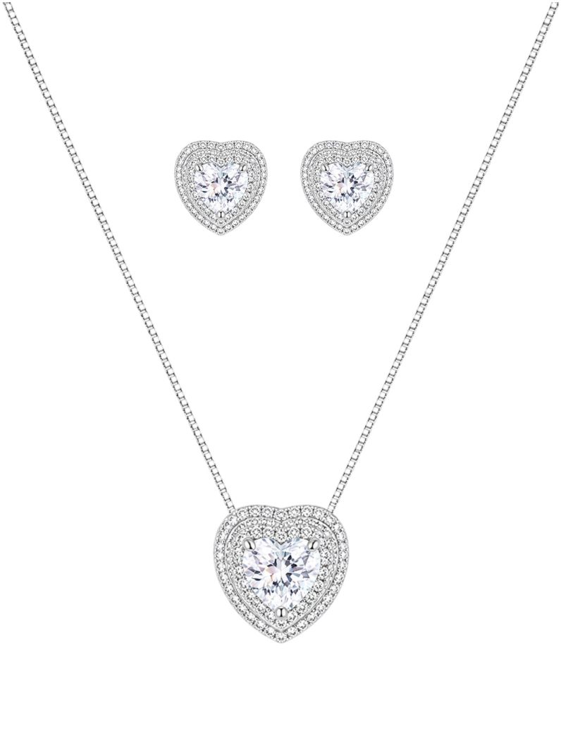 Conjunto Colar e Brinco Folheado a Ouro 18k e Prata Coração Cristal Cravejado