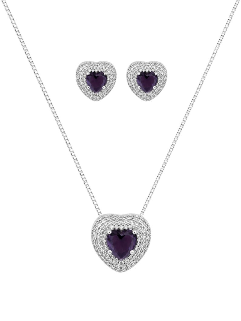 Conjunto Colar e Brinco Folheado a Ouro 18k e Prata Coração Cristal Cravejado
