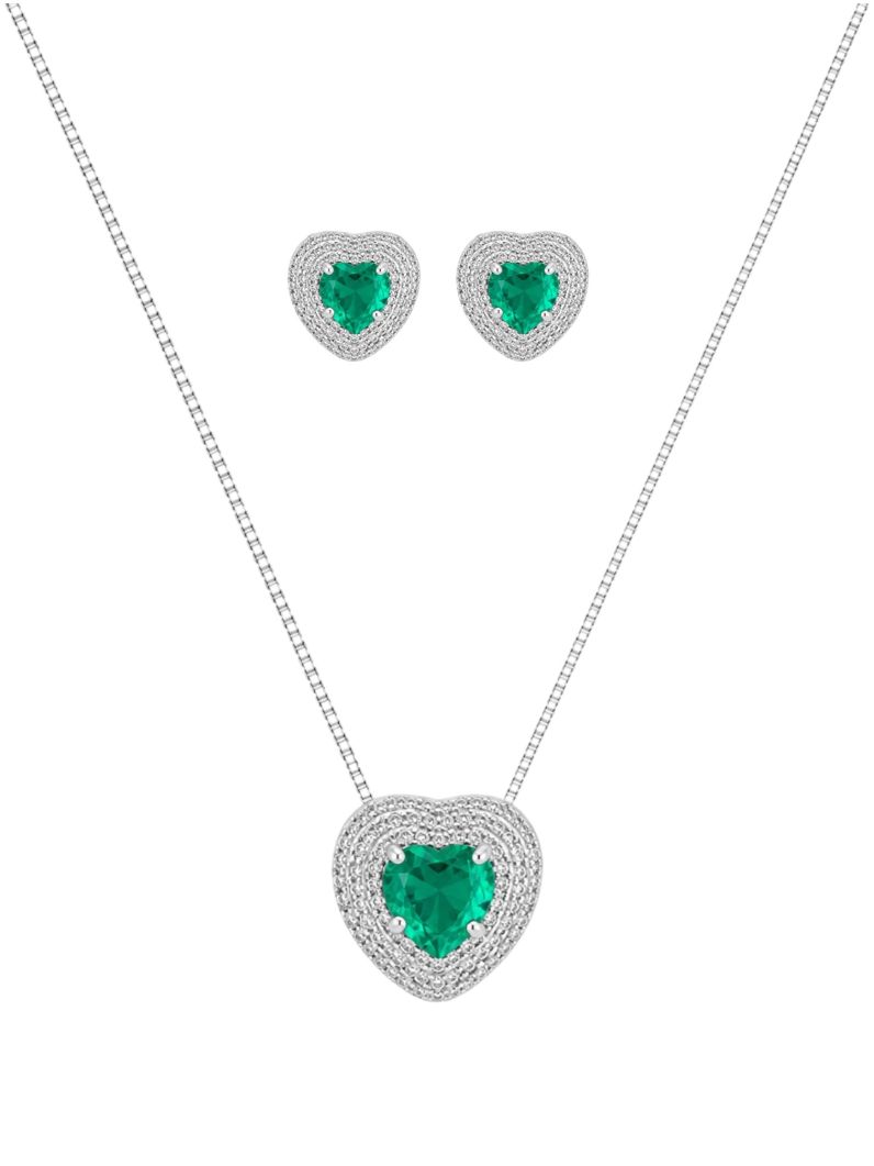 Conjunto Colar e Brinco Folheado a Ouro 18k e Prata Coração Cristal Cravejado